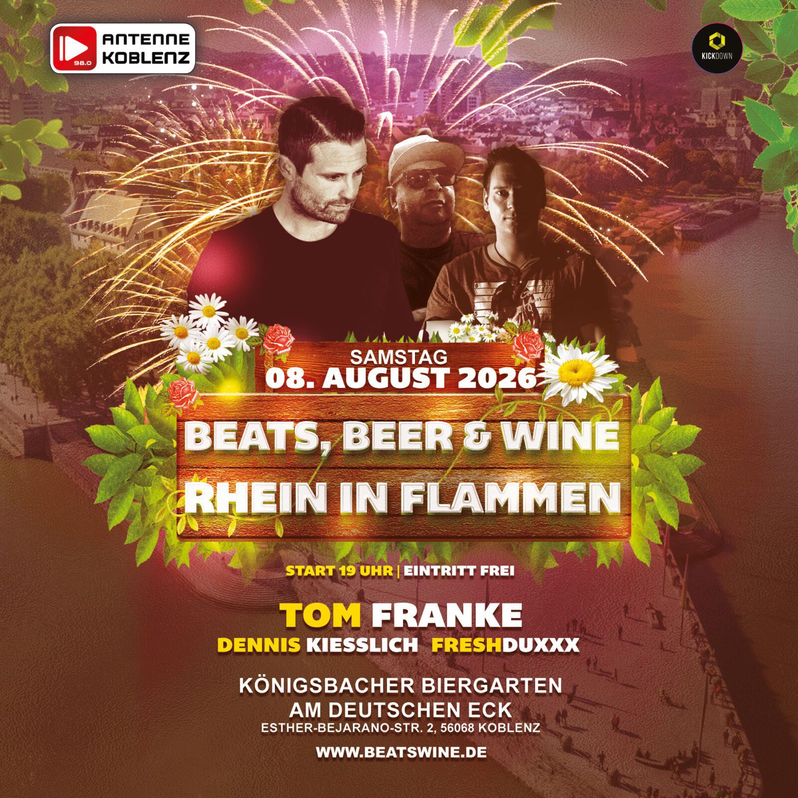 Beats & Wine meets Rhein in Flam­men 2026